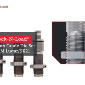 Hornady Custom Grade New Dimension 3-Die Set, 9mm Luger 9x21(.355) (546515) -Caliber Specific Reloading Equipment for Handloaders with Full Length Sizer Die, Seating Die, Sure-Loc Rings, & Storage Box