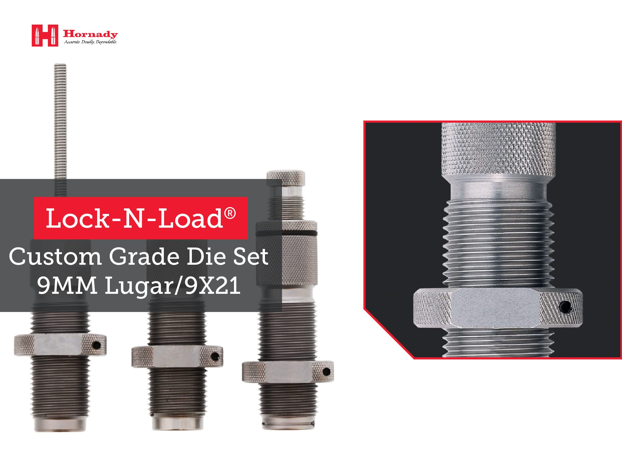 Hornady Custom Grade New Dimension 3-Die Set, 9mm Luger 9x21(.355) (546515) -Caliber Specific Reloading Equipment for Handloaders with Full Length Sizer Die, Seating Die, Sure-Loc Rings, & Storage Box