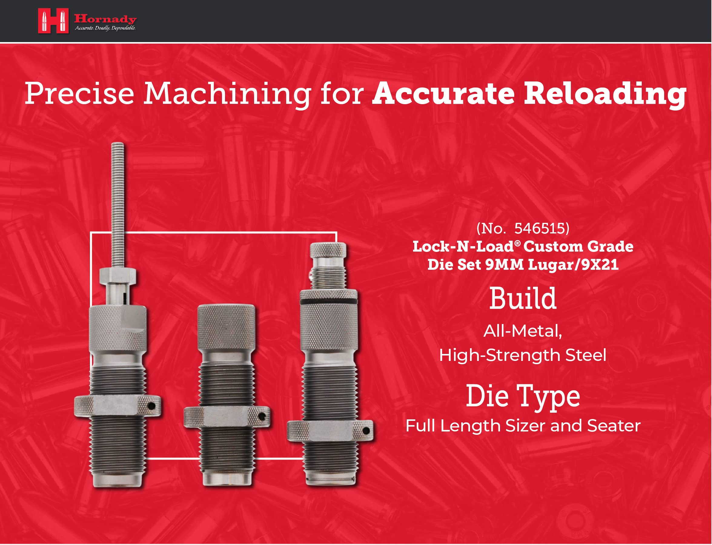 Hornady Custom Grade New Dimension 3-Die Set, 9mm Luger 9x21(.355) (546515) -Caliber Specific Reloading Equipment for Handloaders with Full Length Sizer Die, Seating Die, Sure-Loc Rings, & Storage Box