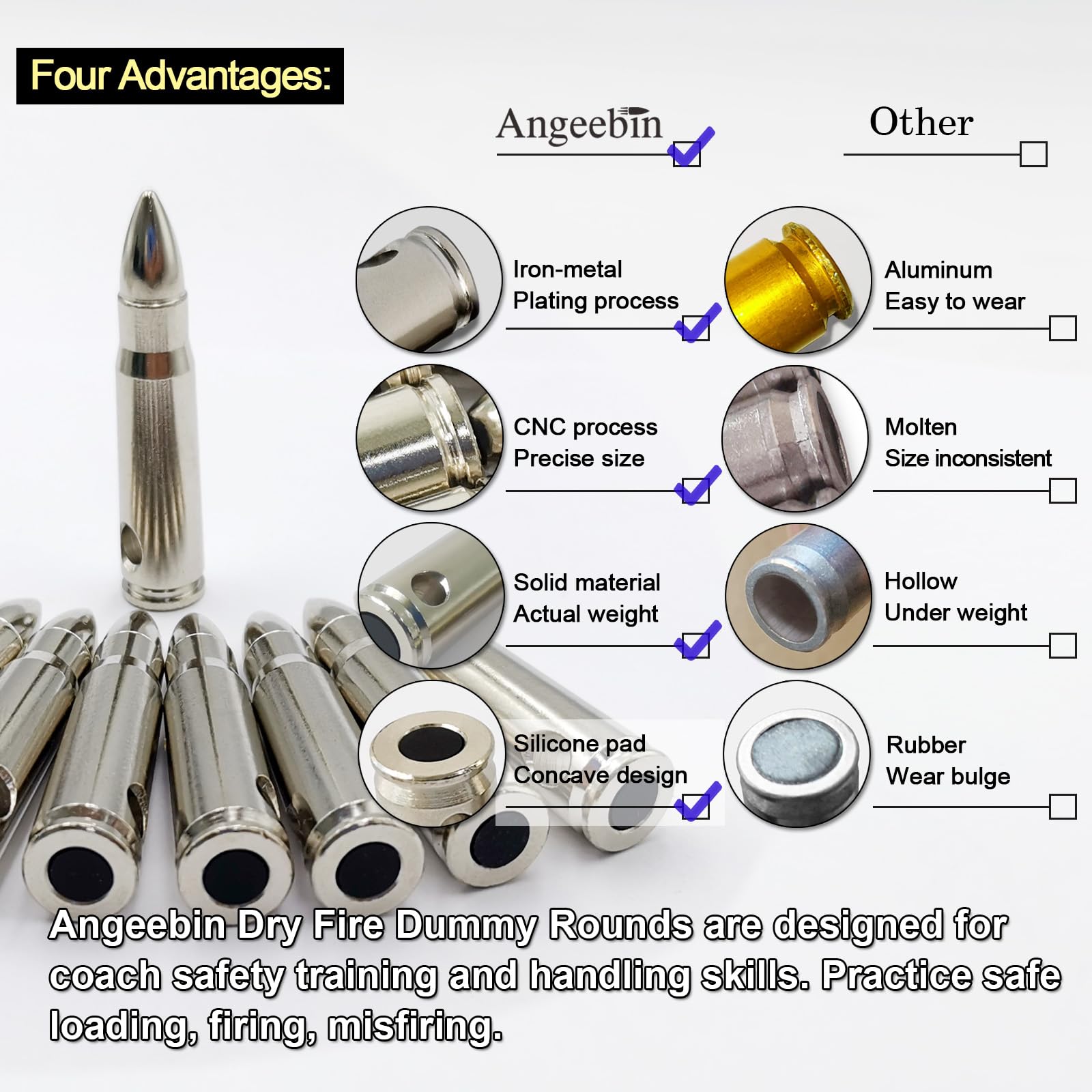 Angeebin Training Snap Caps for Dry Fire Training Dummy Rounds Practice Safe Loading Firing (7.62x39-10pcs)