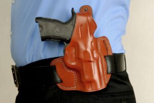 premium leather three slot pancake owb holster with thumb break fits, eaa witness pavona compact semi auto pistol 9mm luger 3.6" bbl, right hand draw, brown color