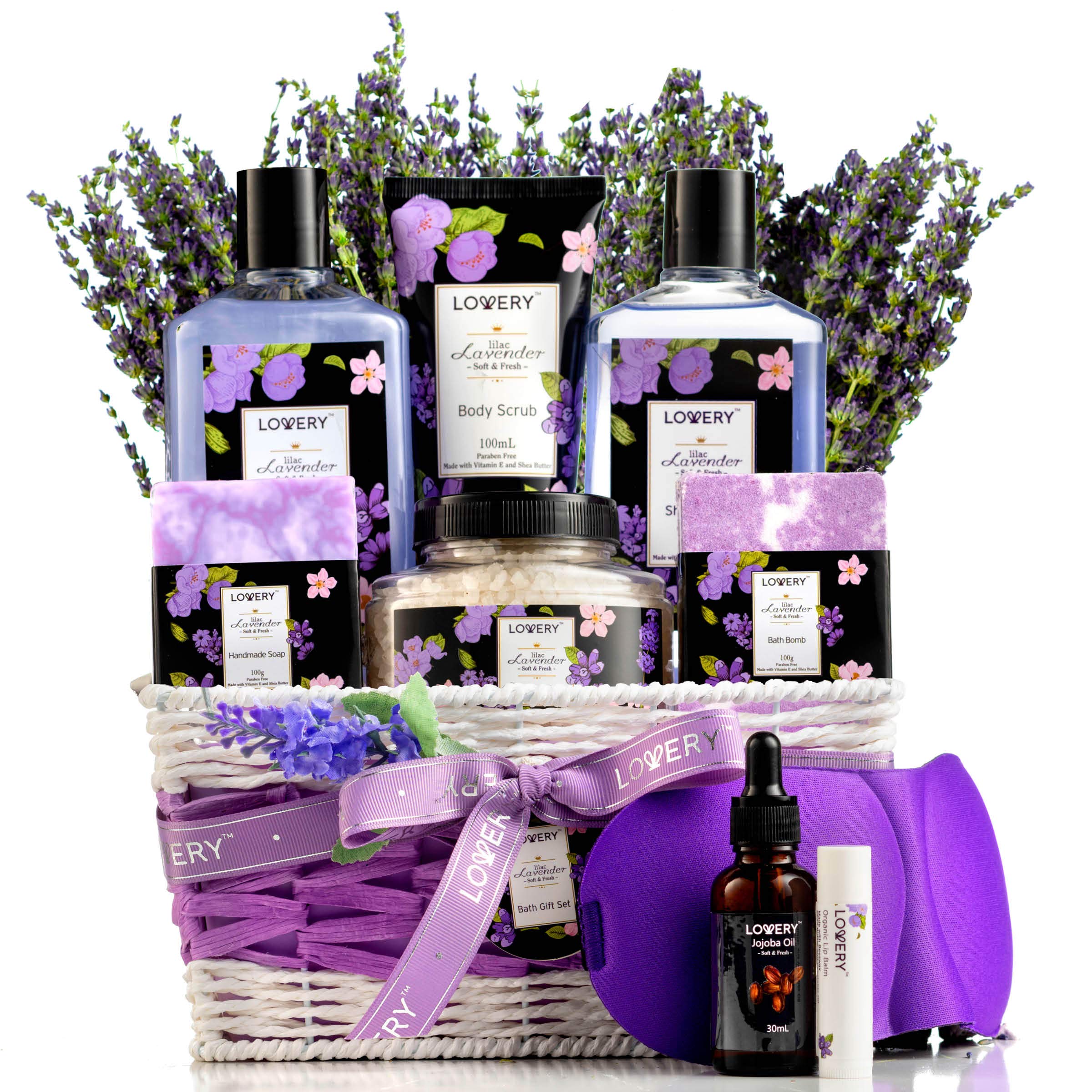 Birthday Gift Basket, Lavender & Lilac Spa Gift Basket For Women & Men - Handmade Soap, Potpourri, Bath Bomb, Jojoba Oil, Organic Lip Balm & More - Stress Relief Set, Bath & Body Self Care Package