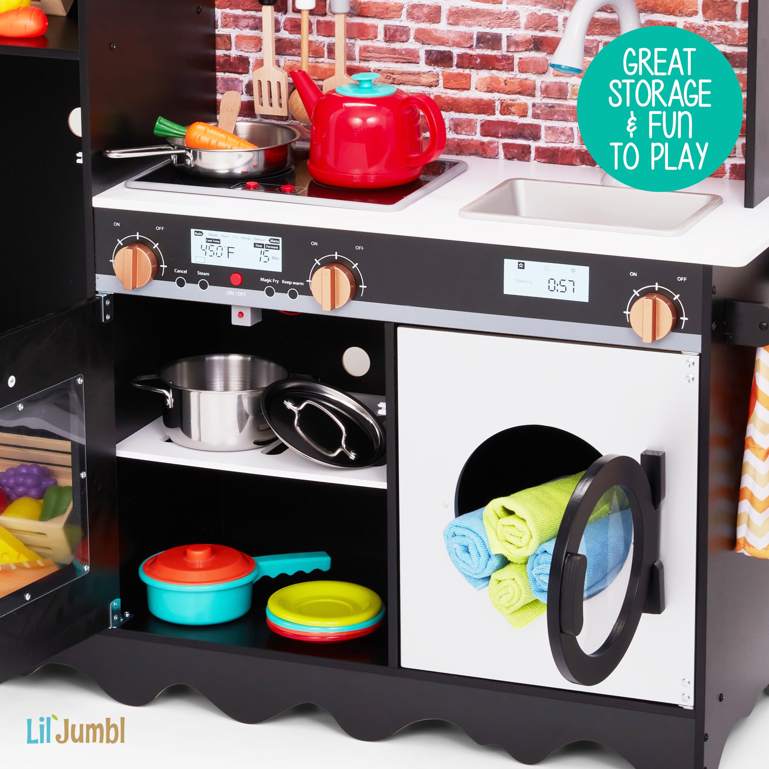 Lil' Jumbl Jumbl Kids Kitchen Set, Pretend Wooden Play Kitchen, Battery Operated Icemaker, Microwave, Range Hood, Stove Top, Oven, with Realistic Sound & Lights, Pots, Pan, & Utensils Included