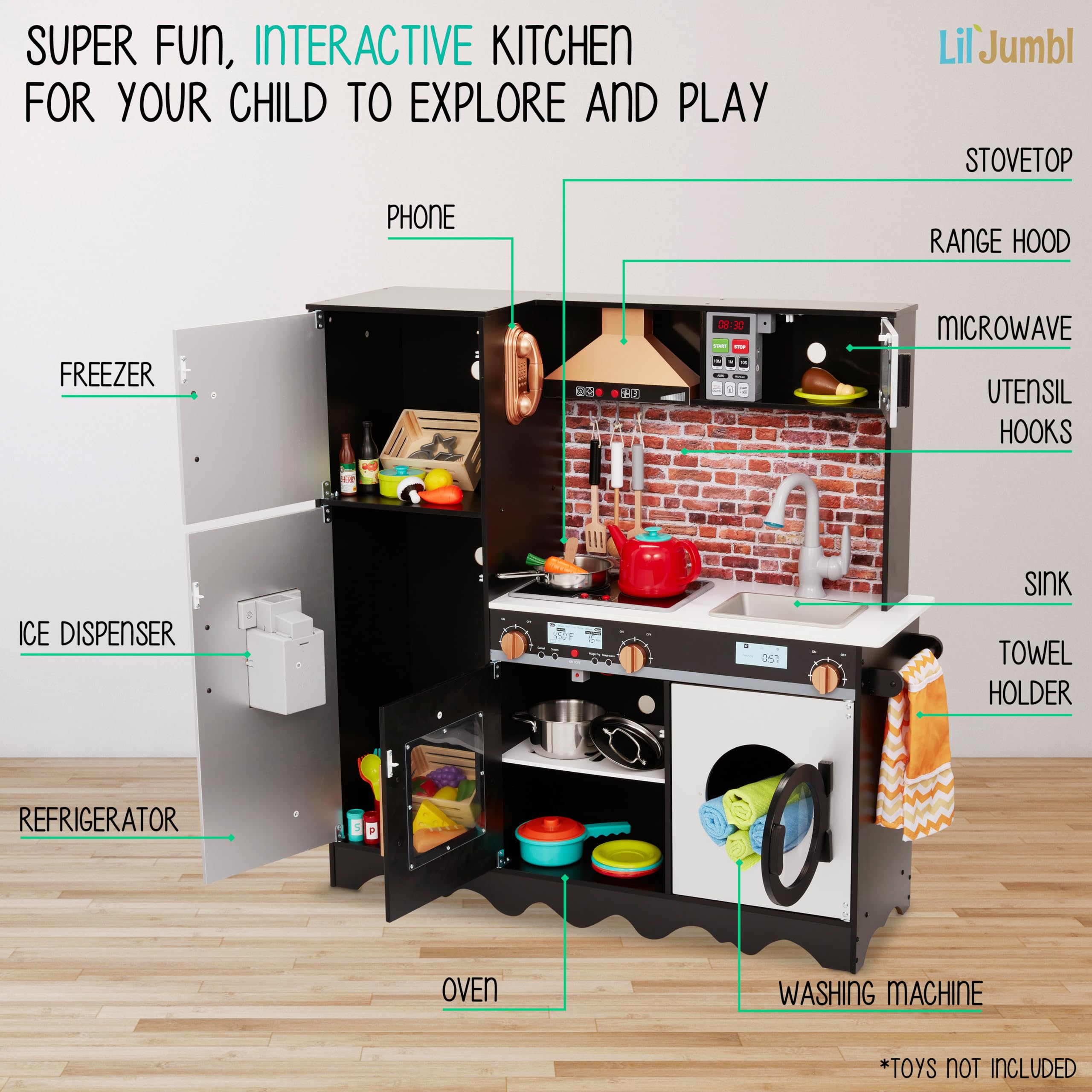 Lil' Jumbl Jumbl Kids Kitchen Set, Pretend Wooden Play Kitchen, Battery Operated Icemaker, Microwave, Range Hood, Stove Top, Oven, with Realistic Sound & Lights, Pots, Pan, & Utensils Included