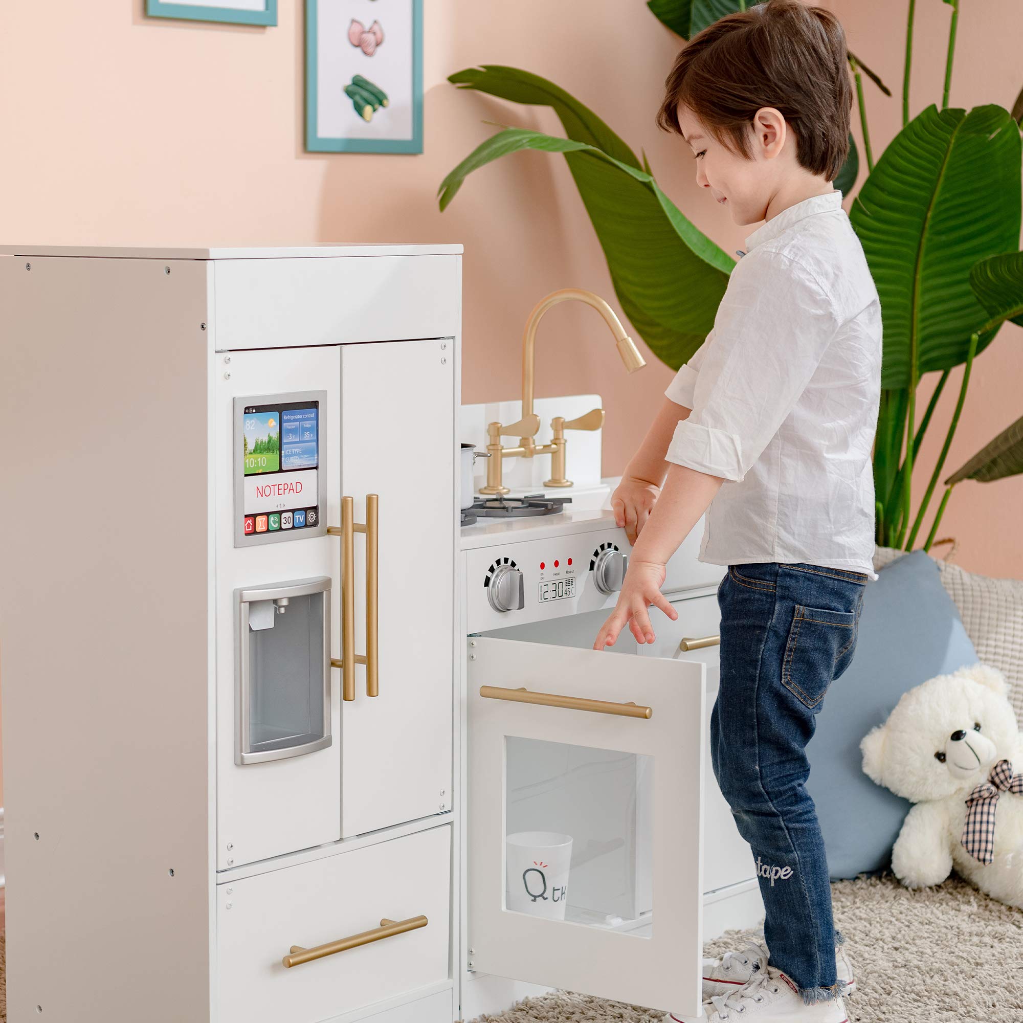 Teamson Kids Little Chef Charlotte Modern Modular Interactive Wooden Play Kitchen with Refrigerator, Stove and Sink in White with Gold Finishes