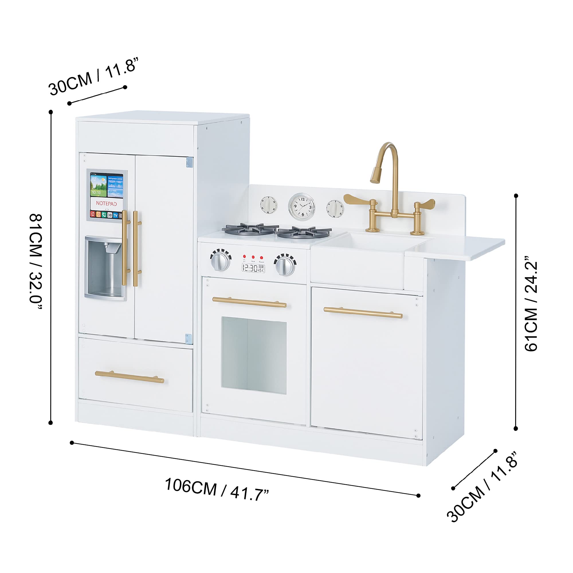 Teamson Kids Little Chef Charlotte Modern Modular Interactive Wooden Play Kitchen with Refrigerator, Stove and Sink in White with Gold Finishes