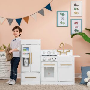 Teamson Kids Little Chef Charlotte Modern Modular Interactive Wooden Play Kitchen with Refrigerator, Stove and Sink in White with Gold Finishes