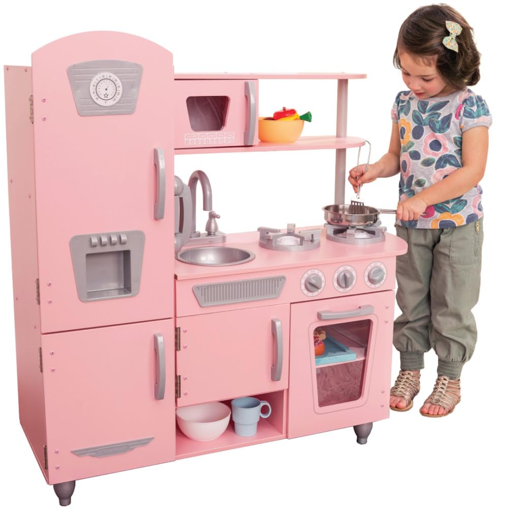 KidKraft Vintage Wooden Play Kitchen with Pretend Ice Maker and Play Phone, Pink