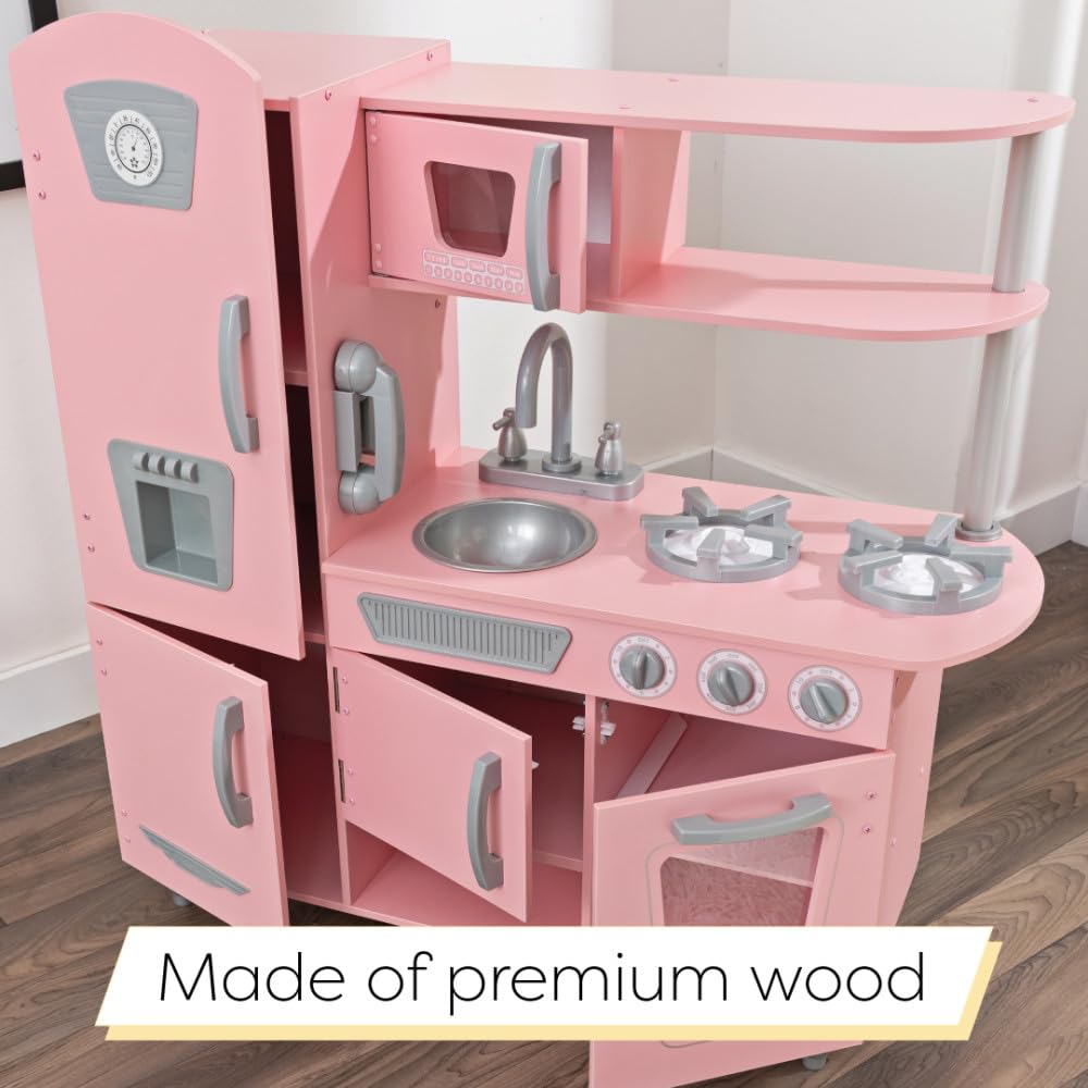 KidKraft Vintage Wooden Play Kitchen with Pretend Ice Maker and Play Phone, Pink