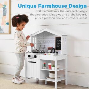 Best Choice Products Farmhouse Play Kitchen Toy, Wooden Pretend Set for Kids w/Chalkboard, Marble Backdrop, Windows, Storage Shelves, 5 Accessories Included - White