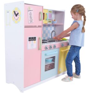 kidkraft wooden large pastel play kitchen with turning knobs, see-through doors and play phone gift for ages 3+