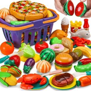 42 items 87 pcs cutting play food toy for kids kitchen set,pretend cooking fruit &vegetables&fast food with storage basket,fake food for toddler&baby,educational gift for girls boys children birthday