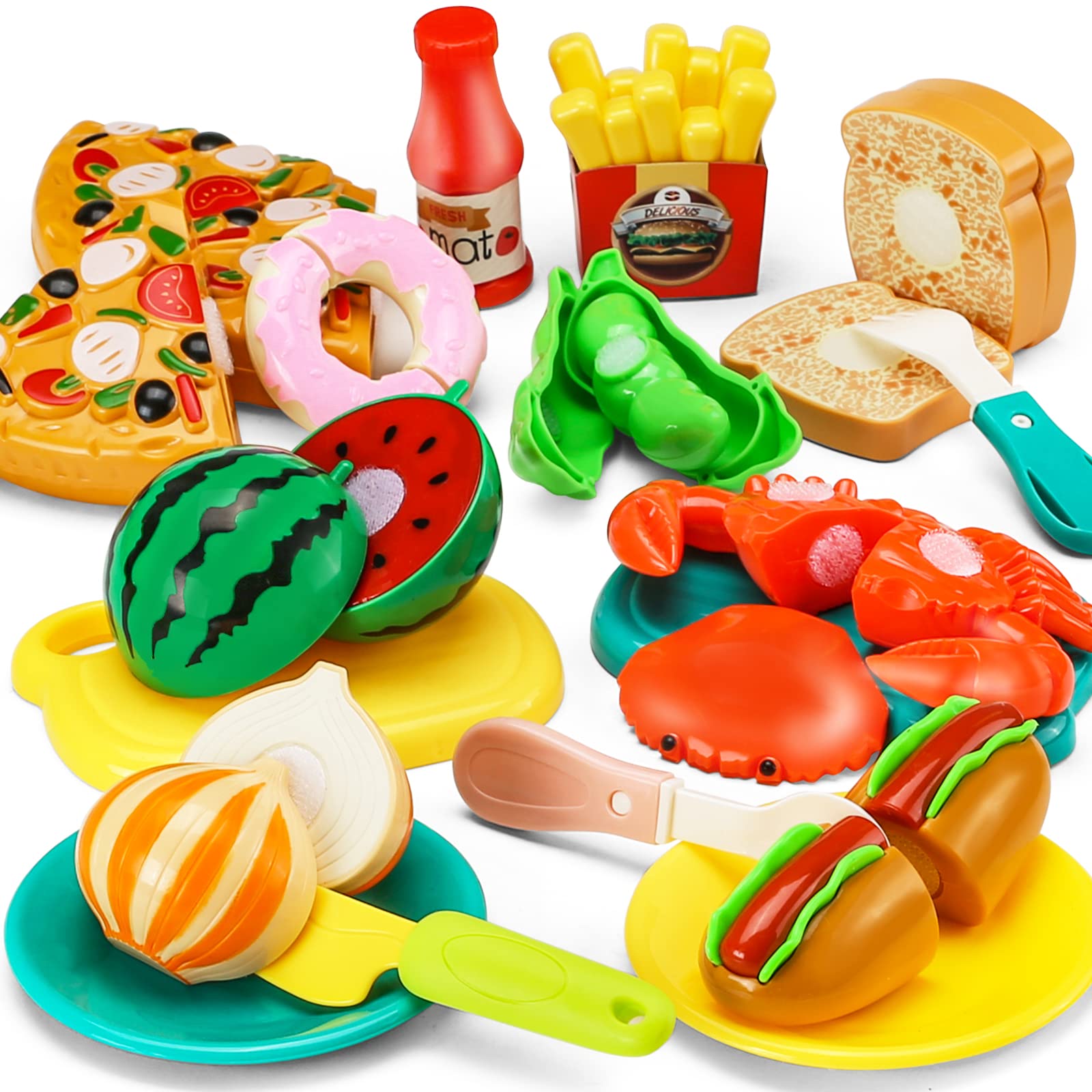 42 Items 87 Pcs Cutting Play Food Toy for Kids Kitchen Set,Pretend Cooking Fruit &Vegetables&Fast Food with Storage Basket,Fake Food for Toddler&Baby,Educational Gift for Girls Boys Children Birthday