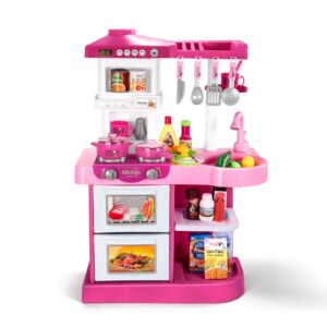 Temi Play Kitchen Playset Pretend Food - 53 PCS Pink Kitchen Toys for Toddlers, Toy Accessories Toddler Set w/Real Sounds and Light, Toddler Outdoor Playset for Kids, Girls & Boys