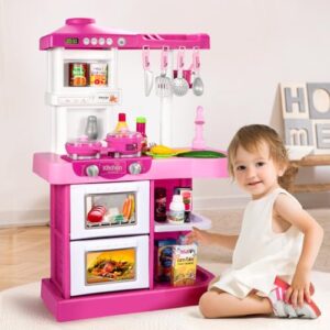 Temi Play Kitchen Playset Pretend Food - 53 PCS Pink Kitchen Toys for Toddlers, Toy Accessories Toddler Set w/Real Sounds and Light, Toddler Outdoor Playset for Kids, Girls & Boys