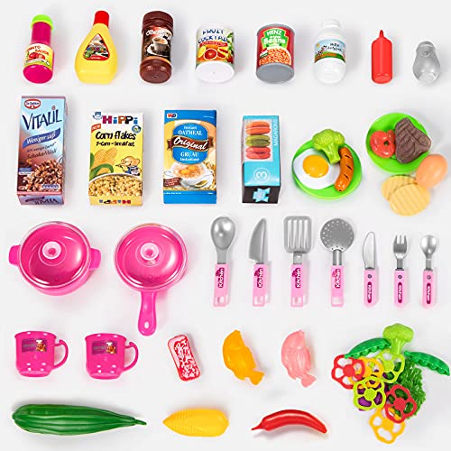 Temi Play Kitchen Playset Pretend Food - 53 PCS Pink Kitchen Toys for Toddlers, Toy Accessories Toddler Set w/Real Sounds and Light, Toddler Outdoor Playset for Kids, Girls & Boys