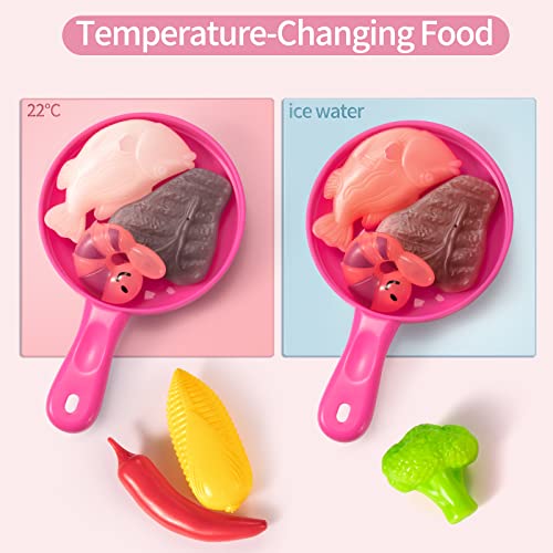 Temi Play Kitchen Playset Pretend Food - 53 PCS Pink Kitchen Toys for Toddlers, Toy Accessories Toddler Set w/Real Sounds and Light, Toddler Outdoor Playset for Kids, Girls & Boys