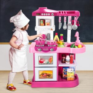 Temi Play Kitchen Playset Pretend Food - 53 PCS Pink Kitchen Toys for Toddlers, Toy Accessories Toddler Set w/Real Sounds and Light, Toddler Outdoor Playset for Kids, Girls & Boys