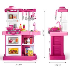 Temi Play Kitchen Playset Pretend Food - 53 PCS Pink Kitchen Toys for Toddlers, Toy Accessories Toddler Set w/Real Sounds and Light, Toddler Outdoor Playset for Kids, Girls & Boys