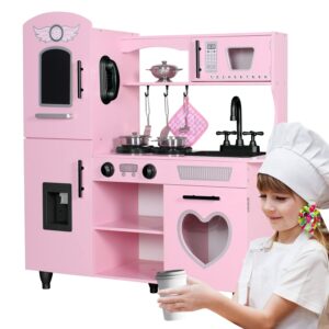 TaoHFE Wooden Play Kitchen Kids Kitchen Playset Toy Kitchen Sets for Girls Gift Kids Kitchen Playset Pink Toddler Kitchen for Kids Age 3+ Pretend Play with Lights & Sounds (Pink)