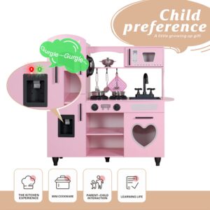 TaoHFE Wooden Play Kitchen Kids Kitchen Playset Toy Kitchen Sets for Girls Gift Kids Kitchen Playset Pink Toddler Kitchen for Kids Age 3+ Pretend Play with Lights & Sounds (Pink)