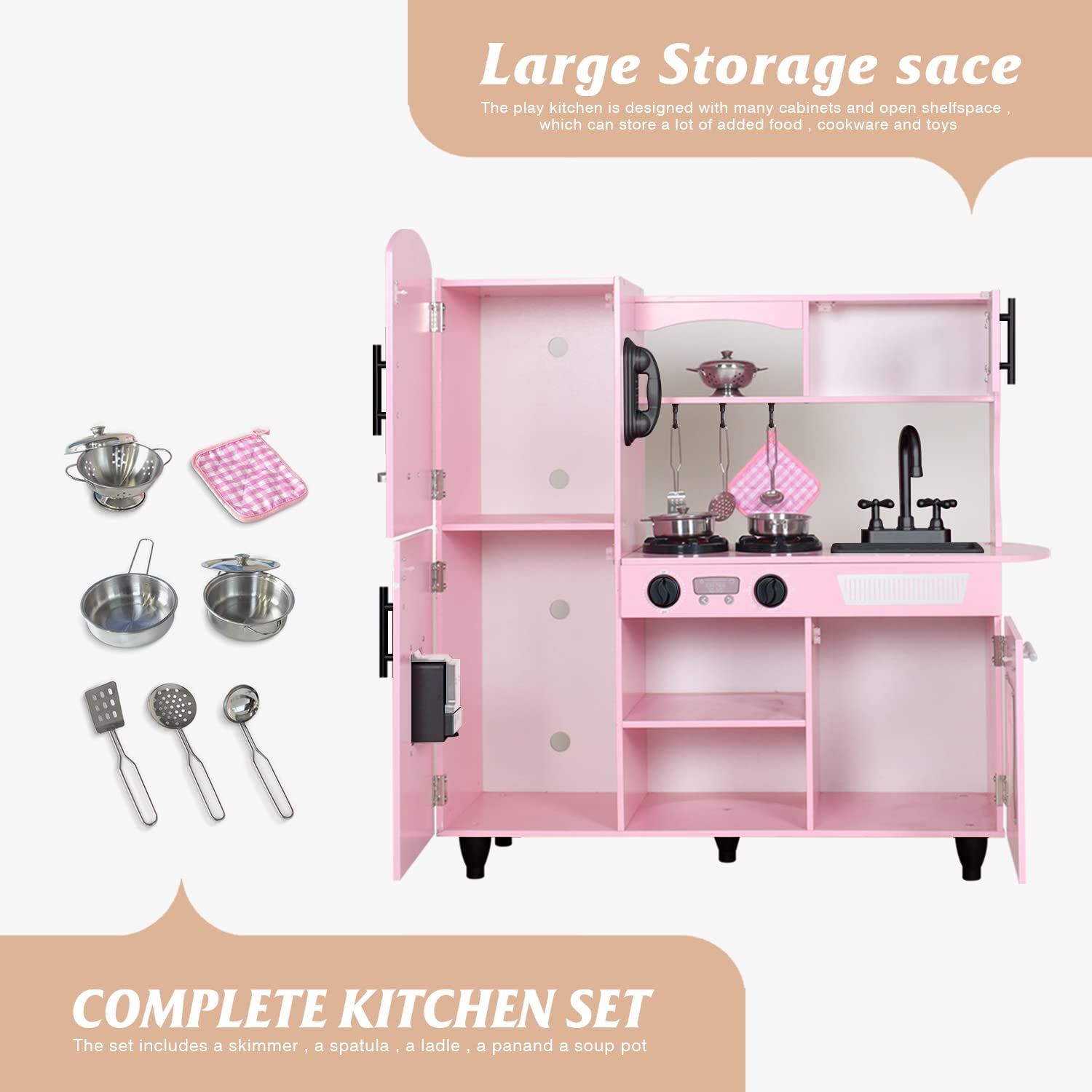 TaoHFE Wooden Play Kitchen Kids Kitchen Playset Toy Kitchen Sets for Girls Gift Kids Kitchen Playset Pink Toddler Kitchen for Kids Age 3+ Pretend Play with Lights & Sounds (Pink)