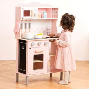 New Classic Toys Wooden Pretend Toy Kitchen for Kids Role Play Included Accessoires Pink Colored - Makes Sound