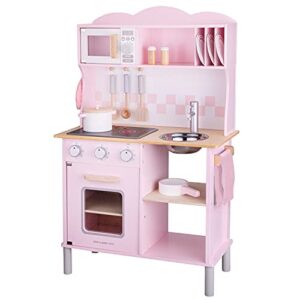 New Classic Toys Wooden Pretend Toy Kitchen for Kids Role Play Included Accessoires Pink Colored - Makes Sound