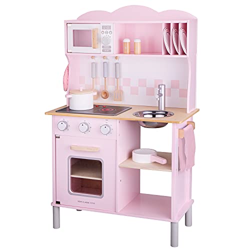 New Classic Toys Wooden Pretend Toy Kitchen for Kids Role Play Included Accessoires Pink Colored - Makes Sound