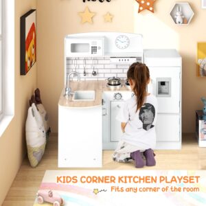 Costzon Kids Corner Kitchen Playset, 8-in-1 Wooden Play Kitchen Toy Set w/Realistic Microwave, Oven, Stove, Refrigerator, Water Dispenser, Range Hood, Utensils, Sink, Pretend Cooking Set for Toddlers