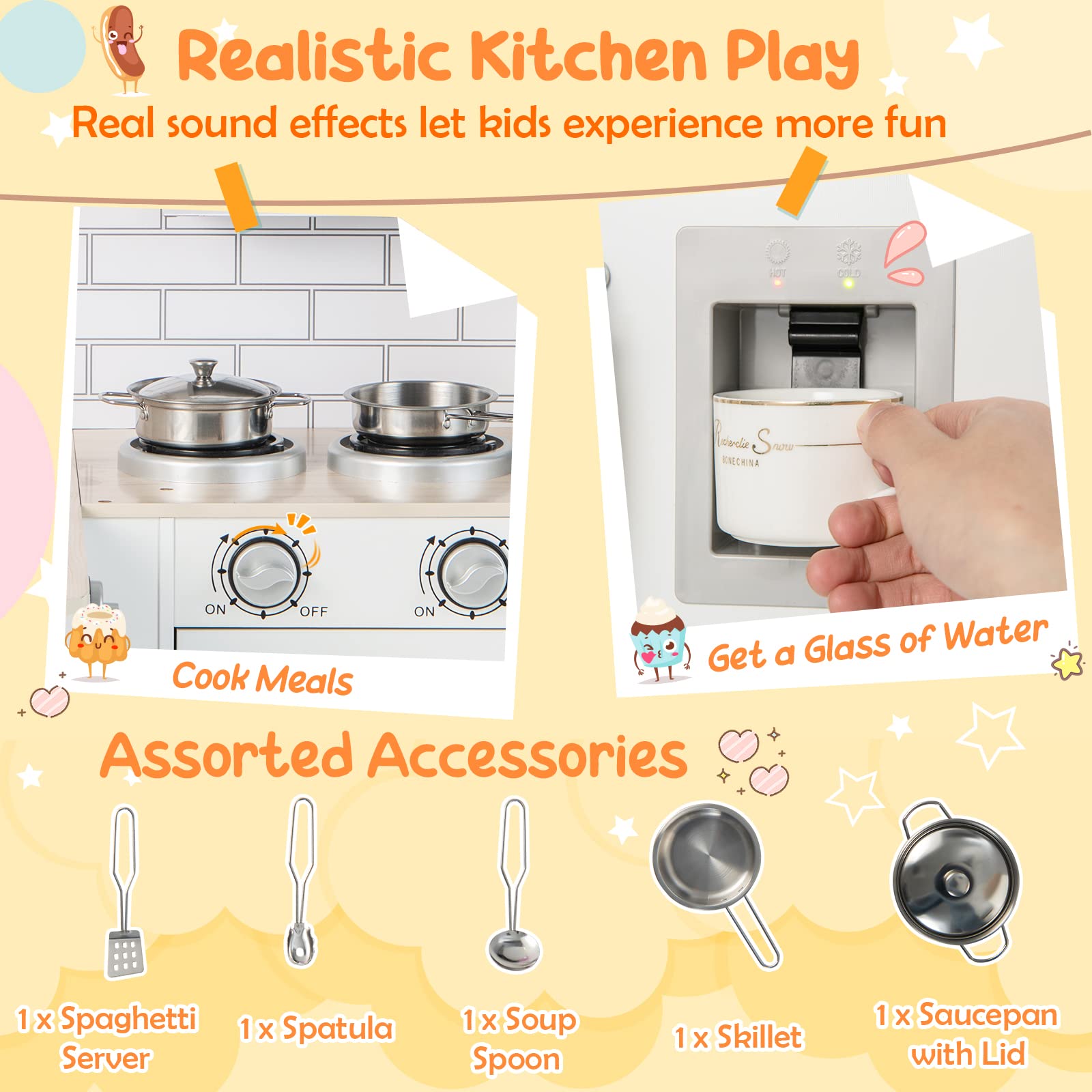 Costzon Kids Corner Kitchen Playset, 8-in-1 Wooden Play Kitchen Toy Set w/Realistic Microwave, Oven, Stove, Refrigerator, Water Dispenser, Range Hood, Utensils, Sink, Pretend Cooking Set for Toddlers