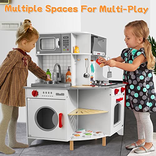 WOODMAM Wooden Kitchen Set for Kids, Corner Play Kitchen with Realistic Lights Sounds, Battery Operated Faucet Burner Range Hood Pot Pan Food, Toy Gift for Boys Girls Age 3+