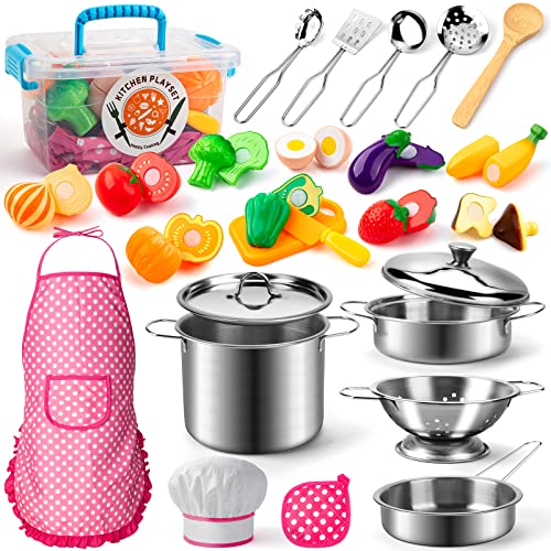 Tigerhu 26PCS Play Kitchen Accessories, Kitchen Pretend Play Cooking Toys w/ Stainless Steel Cookware, Apron & Chef Hat,Pots and Pans Set, Cutting Foods, Great Learning Gifts for Toddler & Boys Girls