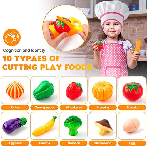 Tigerhu 26PCS Play Kitchen Accessories, Kitchen Pretend Play Cooking Toys w/ Stainless Steel Cookware, Apron & Chef Hat,Pots and Pans Set, Cutting Foods, Great Learning Gifts for Toddler & Boys Girls