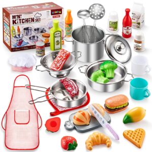 Shimirth 37PCS Pretend Play Kitchen Accessories, Kids Kitchen Playset Stainless Steel Play Pots and Pans Sets for Kids, Apron & Chef Hat, Cooking Utensils, Play Food, Kitchen Toys, Gift for Boys Girls