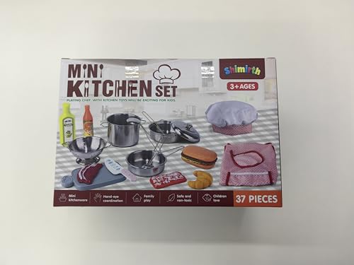 Shimirth 37PCS Pretend Play Kitchen Accessories, Kids Kitchen Playset Stainless Steel Play Pots and Pans Sets for Kids, Apron & Chef Hat, Cooking Utensils, Play Food, Kitchen Toys, Gift for Boys Girls