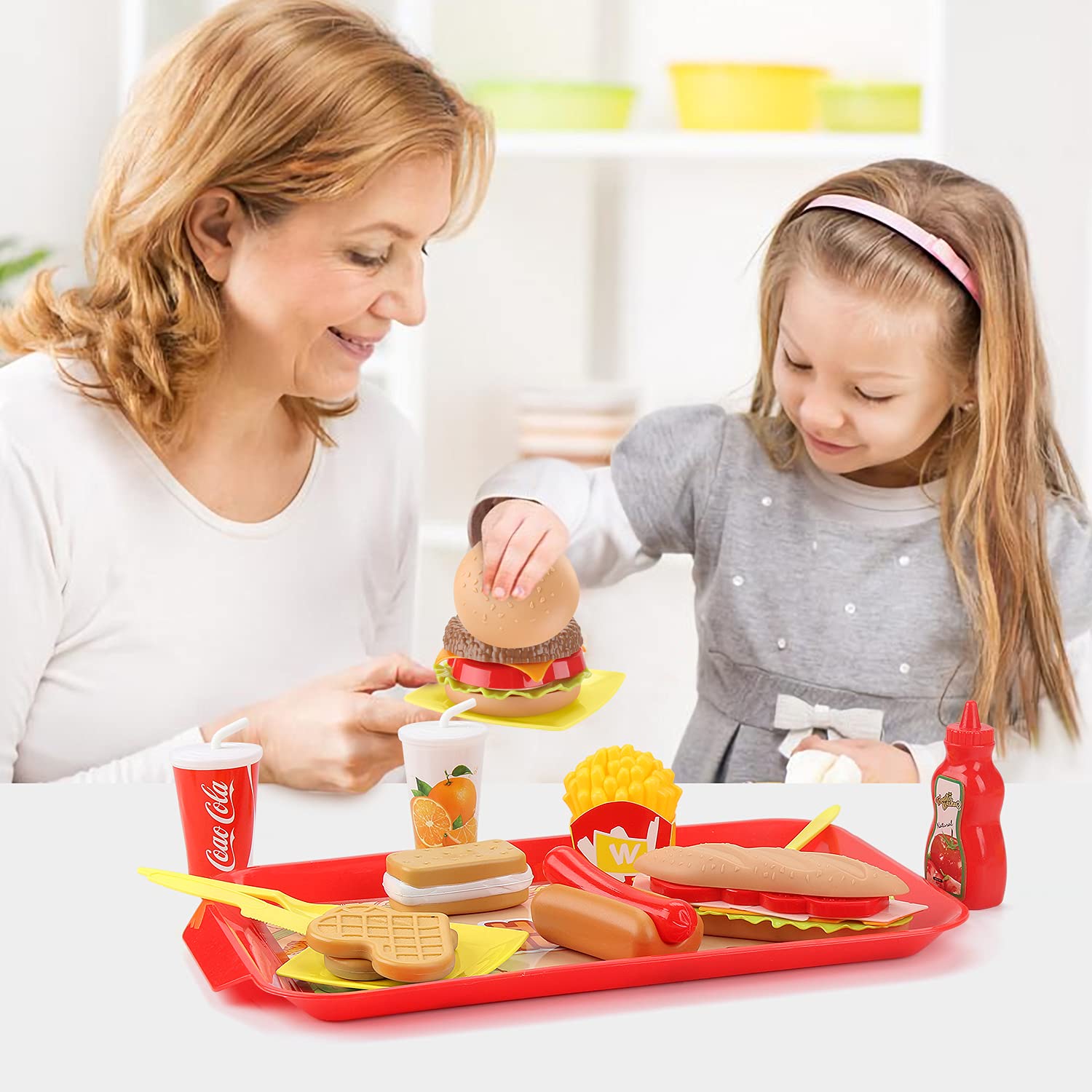 Sotodik Pretend Play Food Set for Children,Removable Fast Food Playset with Tray Hamburger Hotdog Fries Combo,Play Kitchen Accessories Role Play Toys,Educational Gift for Kids Boys Girls (15 PCS)