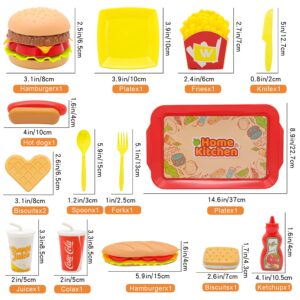 Sotodik Pretend Play Food Set for Children,Removable Fast Food Playset with Tray Hamburger Hotdog Fries Combo,Play Kitchen Accessories Role Play Toys,Educational Gift for Kids Boys Girls (15 PCS)