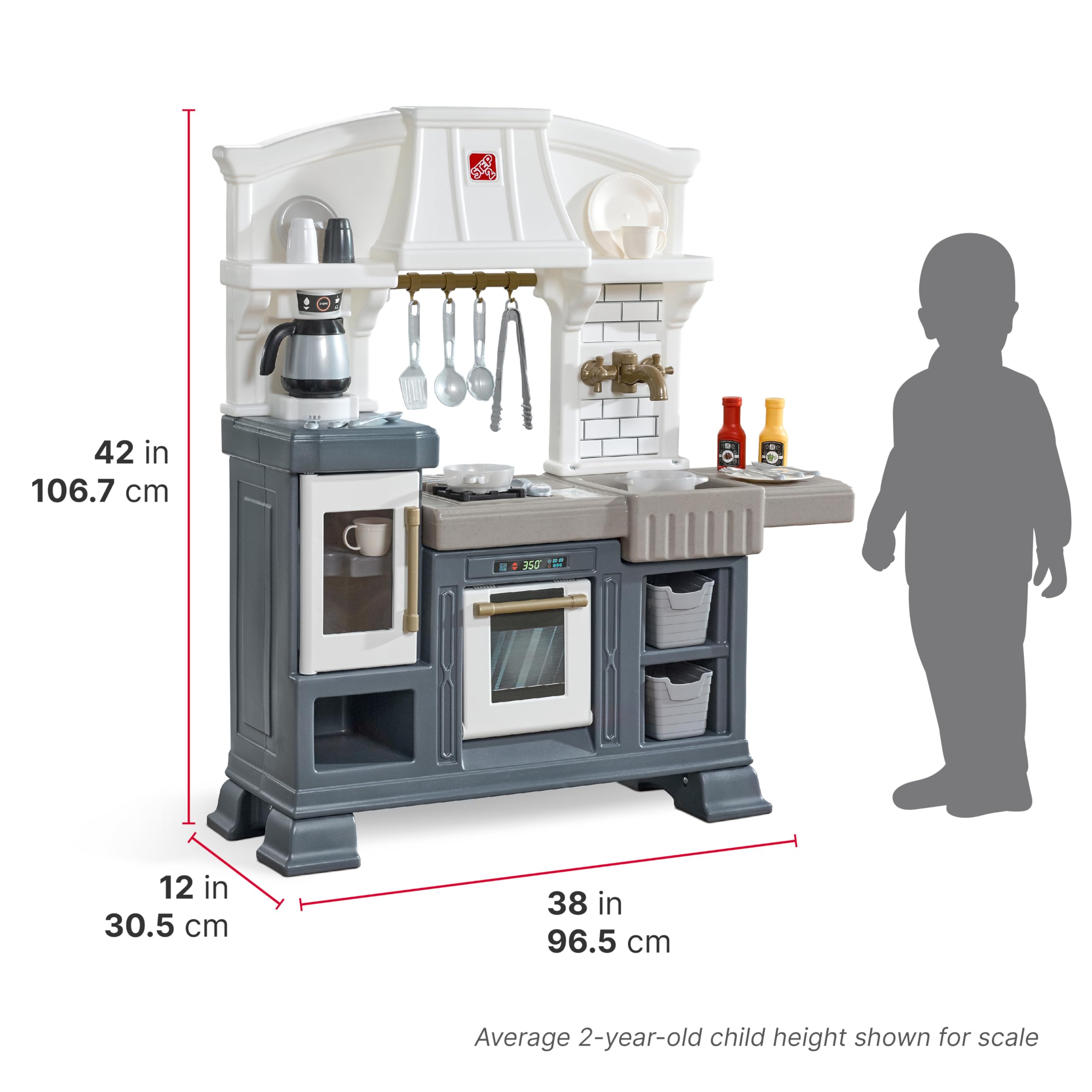 Step2 Gilded Gourmet Kitchen Playset for Kids, Indoor/Outdoor Play Kitchen Set, Toddlers 2+ Years Old, 20+ Piece Kitchen Toy Set, Easy to Assemble, White, Blue, Gray