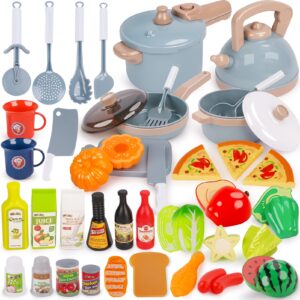shimirth pretend play kitchen accessories playset, 38pcs kids play kitchen toys with play pots and pans, utensils cooking toys, cut play food set, canned toy food, gift for kids toddlers girls boys
