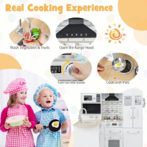 HONEY JOY Corner Kids Kitchen Playset, Wooden Little Chef Pretend Play Kitchen w/Sounds, Cooking Utensils, Water Dispenser, Refrigerator, Range Hood, Pretend Play Toy Kitchen Set for Toddlers