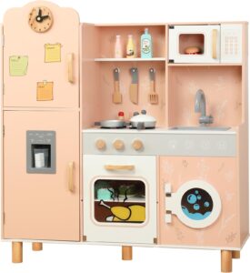 bruvoalon wooden play kitchen toy set for kids, with realistic design, sink with faucet, oven, microwave, utensils, kitchenware play food set accessories, birthday gifts for toddlers boys girls (pink)