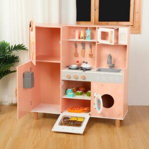 Bruvoalon Wooden Play Kitchen Toy Set for Kids, with Realistic Design, Sink with Faucet, Oven, Microwave, Utensils, Kitchenware Play Food Set Accessories, Birthday Gifts for Toddlers Boys Girls (Pink)