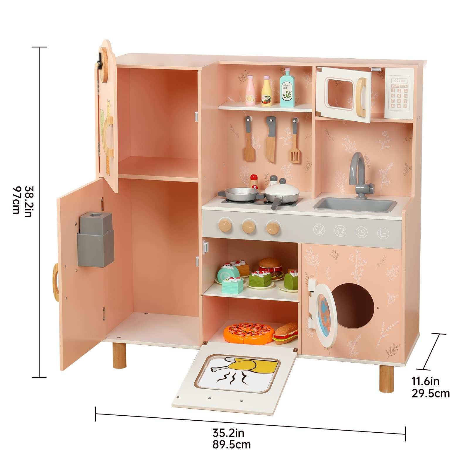 Bruvoalon Wooden Play Kitchen Toy Set for Kids, with Realistic Design, Sink with Faucet, Oven, Microwave, Utensils, Kitchenware Play Food Set Accessories, Birthday Gifts for Toddlers Boys Girls (Pink)