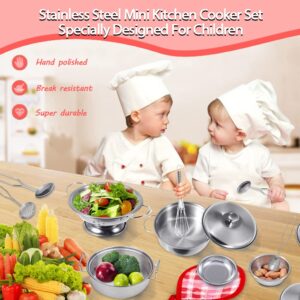 Tiny Size Cooking Pretend Play Kitchen Cooking Toys with Stainless Steel Cookware Play Pots and Pans Set，Cooking Utensils Cookware Kitchen Play Accessories Toys Cooking Pots for Toddlers Kids(Mini)