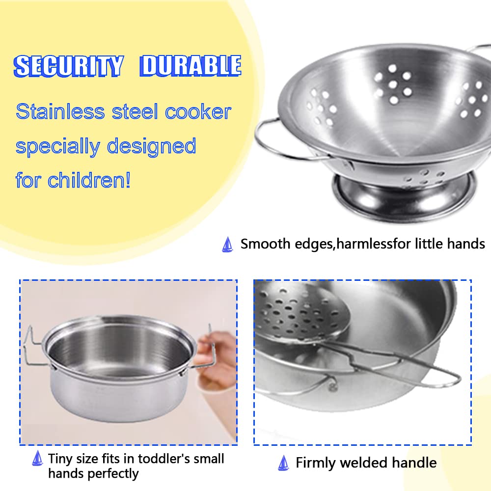 Tiny Size Cooking Pretend Play Kitchen Cooking Toys with Stainless Steel Cookware Play Pots and Pans Set，Cooking Utensils Cookware Kitchen Play Accessories Toys Cooking Pots for Toddlers Kids(Mini)