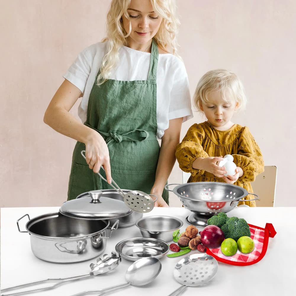 Tiny Size Cooking Pretend Play Kitchen Cooking Toys with Stainless Steel Cookware Play Pots and Pans Set，Cooking Utensils Cookware Kitchen Play Accessories Toys Cooking Pots for Toddlers Kids(Mini)