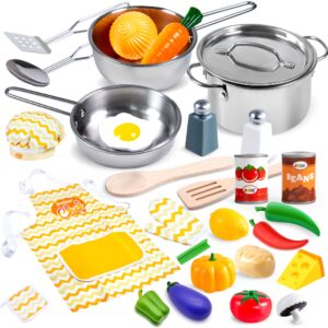 joyin kid play kitchen, pretend daycare toy sets, kids cooking supplies with stainless steel cookware pots and pans set, cooking utensils, apron&chef hat and grocery play food sets, toddler gifts