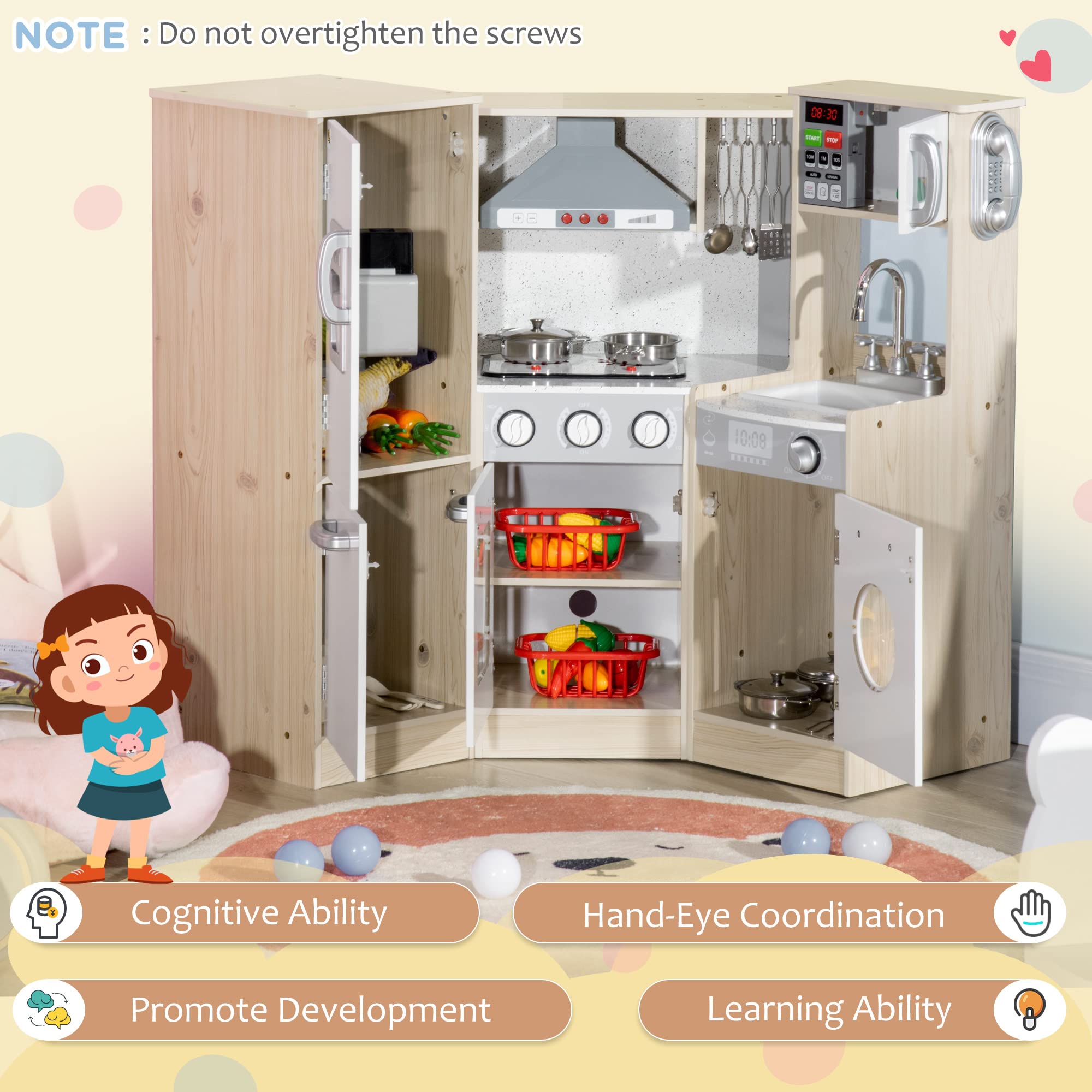 Qaba Ultra-Big Corner Kids Kitchen Playset with Sound Effects, Wooden Play Kitchen with Stainless Steel Cooking Toys, Imaginative Pretend Toy for Ages 3-6 with Phone, Ice Maker