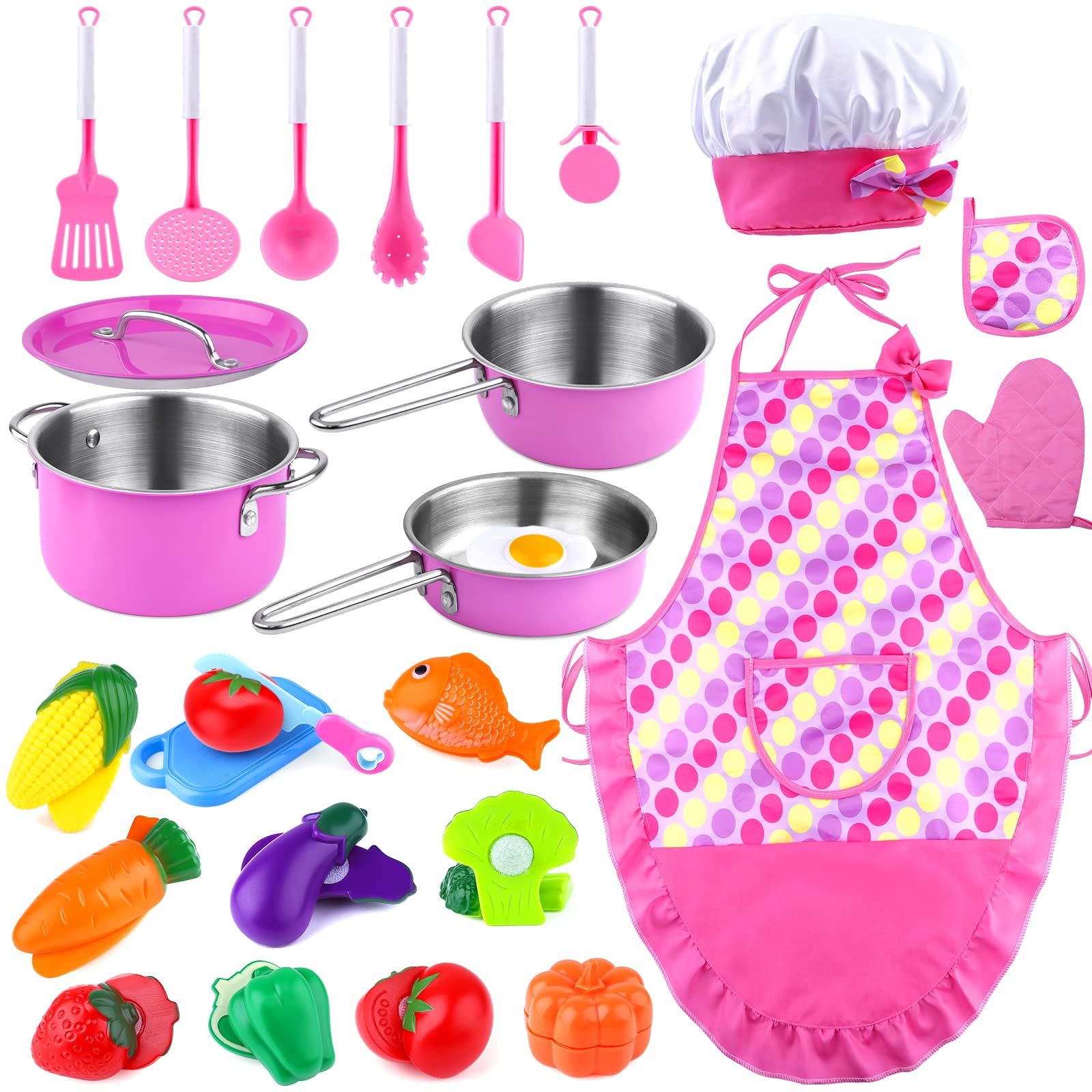 GIFTINBOX Kids Play Kitchen Accessories Set with Play Pots and Pans, Toddler Kitchen Set with Chef Apron and Hat, Birthday Gifts for Girls Toddlers Age 3-5